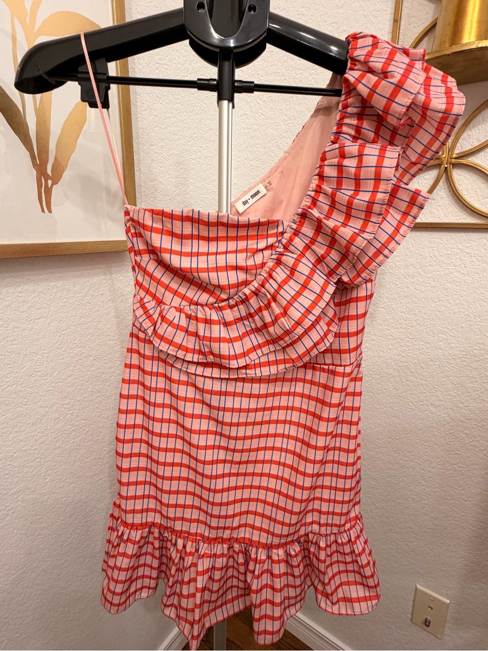 One-Shoulder Red, Pink, Blue & White Check Ruffle Dress ~ Size Small
